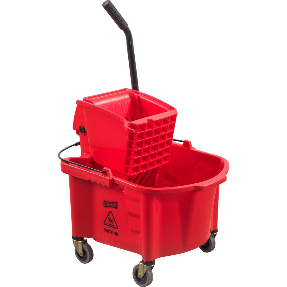 Image of Genuine Joe Mop Bucket/Wringer Combo, Splash Guard, 26qt., Red