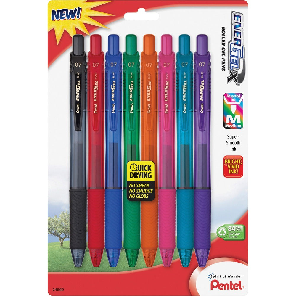 Image of Pentel Gel Pens, Retractable, .7mm, 8/PK, Assorted Barrel/Ink