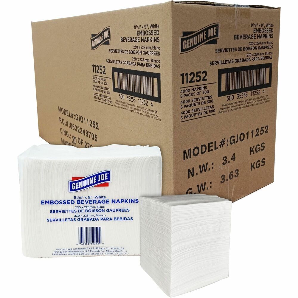 Image of Genuine Joe Beverage Napkins,Quad Fold,9-1/2"x9-1/2",500/PK,8PK/CT,WE