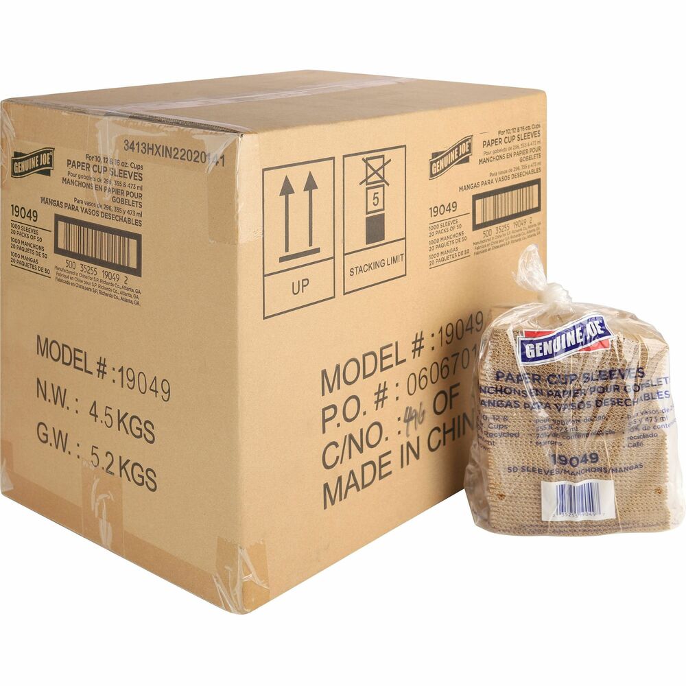 Image of Genuine Joe Hot Cup Sleeves, 10-16oz., Corrugated, 1000/CT, Brown