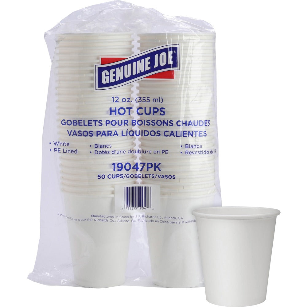 Image of Genuine Joe Hot Cups, Single Poly-Lined Wall, 12oz, 50/PK, White