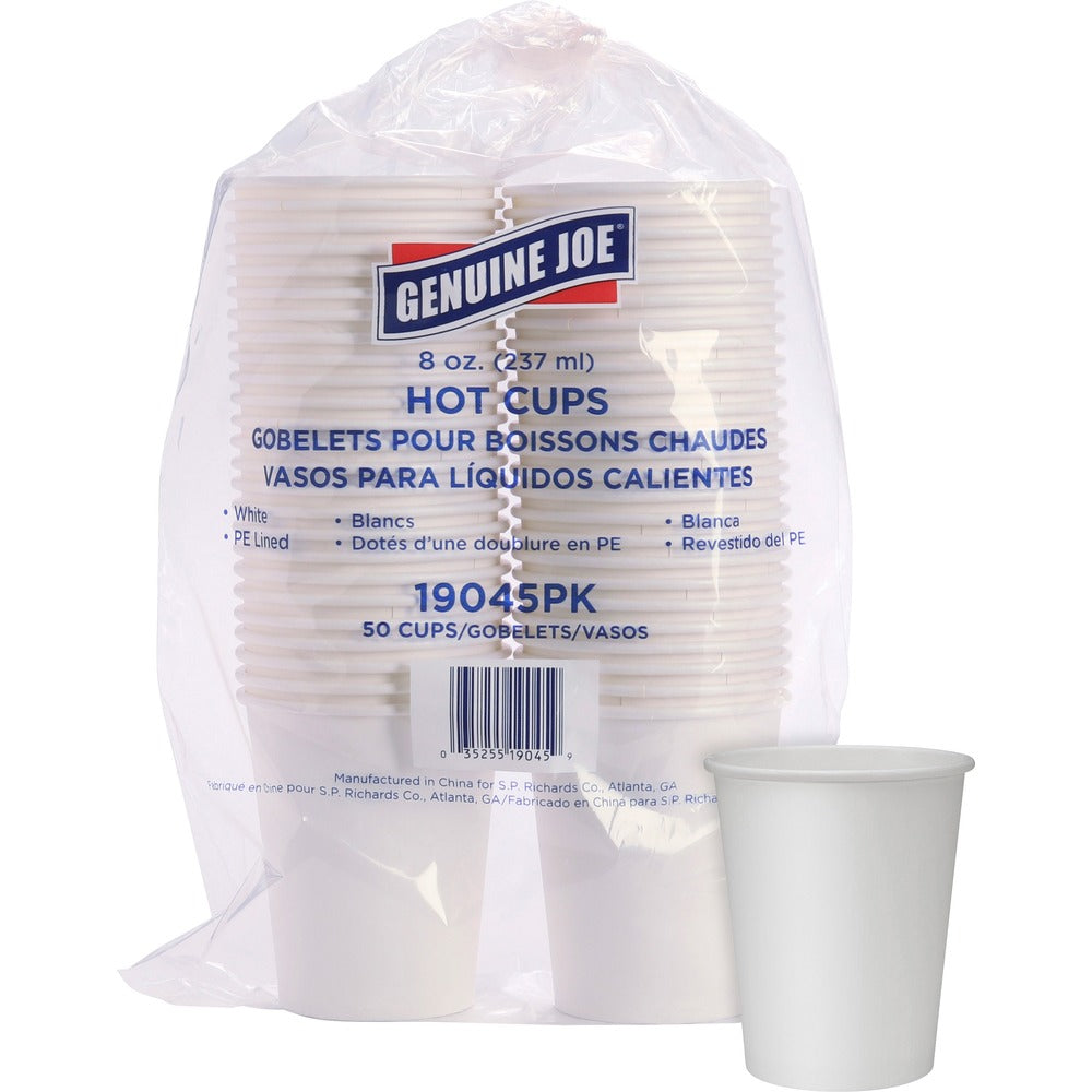 Image of Genuine Joe Hot Cups, Single Poly-Lined Wall, 8oz, 50/PK, 20PK/CT, White