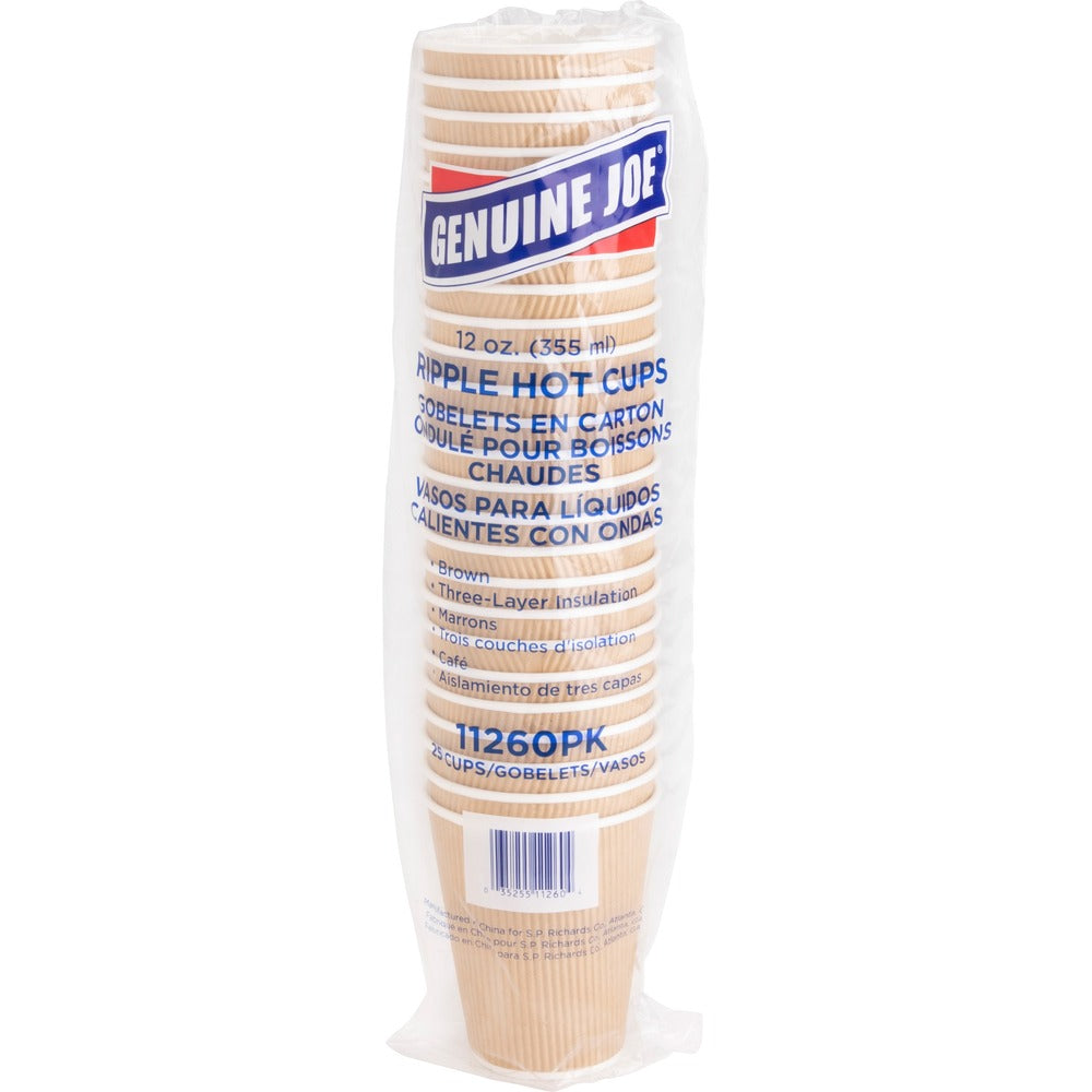 Image of Genuine Joe Hot Cups, Rippled, 12oz, 25/PK, Brown
