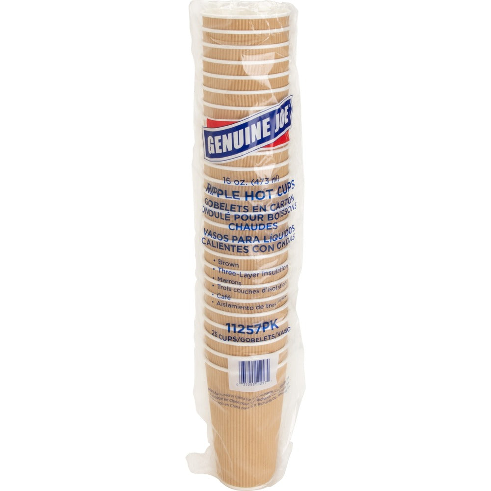 Image of Genuine Joe Hot Cups, Rippled, 16oz, 25/PK, Brown
