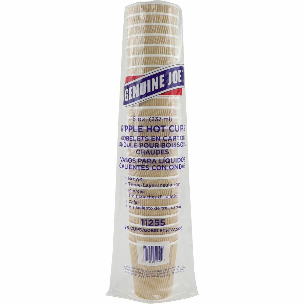 Image of Genuine Joe Hot Cups, Rippled, 8oz, 25/PK, 5PK/BD, 4BD/CT, Brown