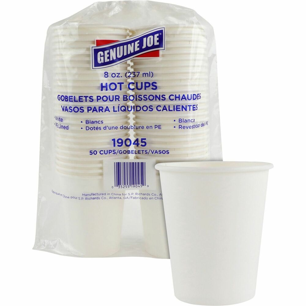 Image of Genuine Joe Hot Cups, Single Poly-Lined Wall, 8oz, 50/PK, White