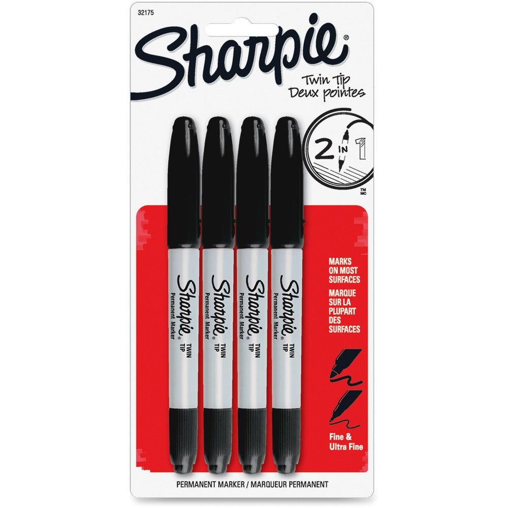 Image of Newell Brands Permanent Markers,Twin Tip, Fine/Ultra Fine Point,4/PK,BK