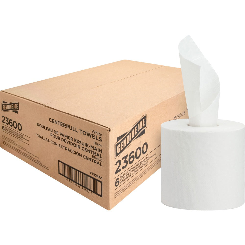 Image of Genuine Joe Centerpull Towel Rolls,7.65"x10",600Shts,6RL/CT,White