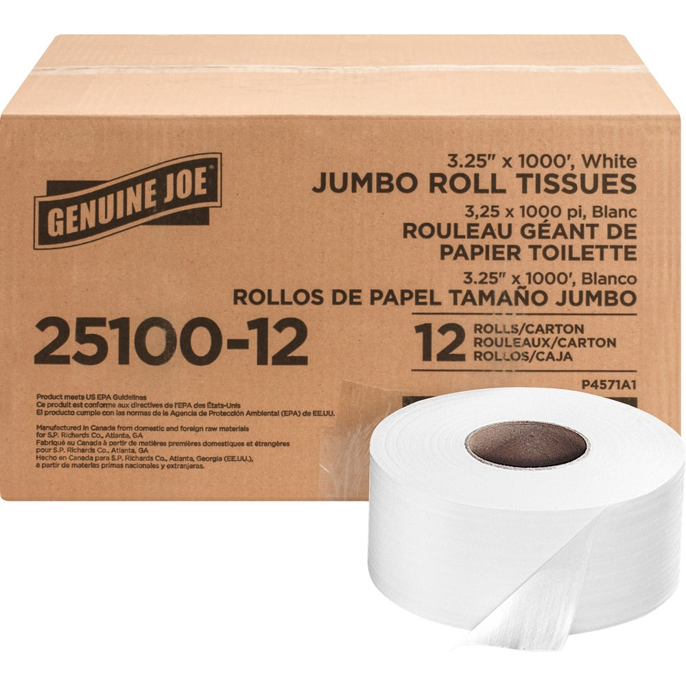 Image of Genuine Joe Bath Tissue Rolls, Jumbo, 2-Ply, 3-1/4"x1000', 12RL/CT, WE