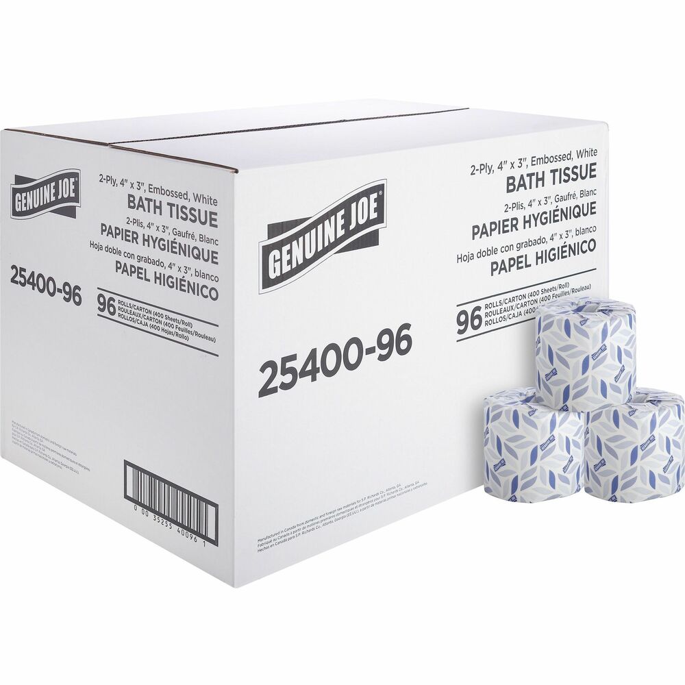 Image of Genuine Joe Bath Tissue, 2-Ply, 400Sht/Roll, 4"x3", 96Roll/CT, WE