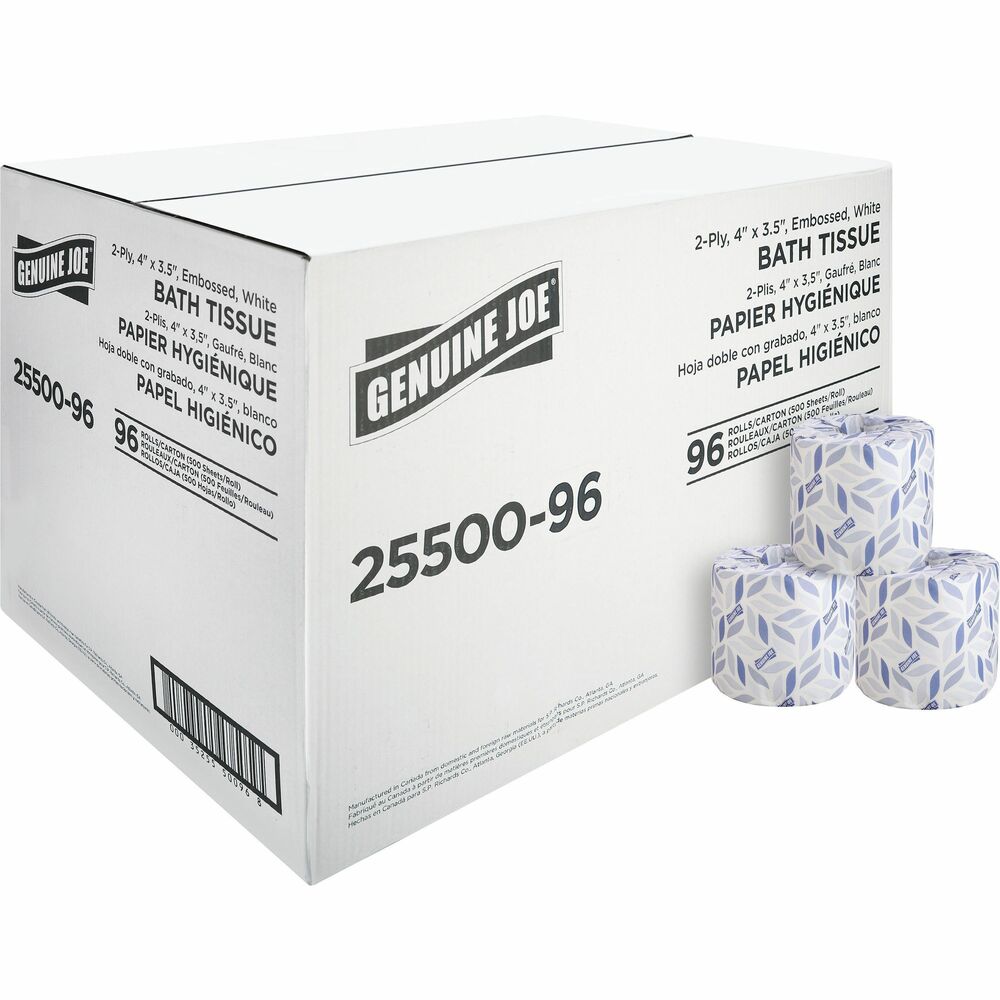 Image of Genuine Joe Bath Tissue, 2-Ply, 500Sht/Roll, 4"x3-1/2", 96Roll/CT, WE