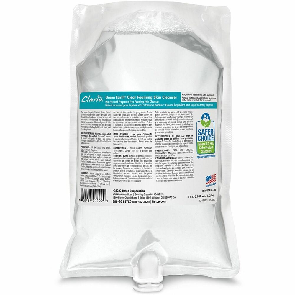 Image of Betco Corporation Skin Cleanser,Foaming,f/Clario Dispensers,1000ml,6/CT,Straw