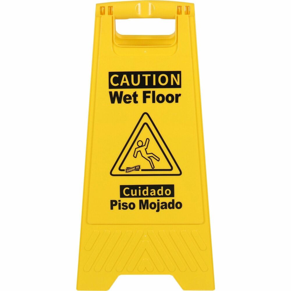 Image of Genuine Joe Sign,Wet Floor,w/Graphic,English/Spanish, Yellow/Black