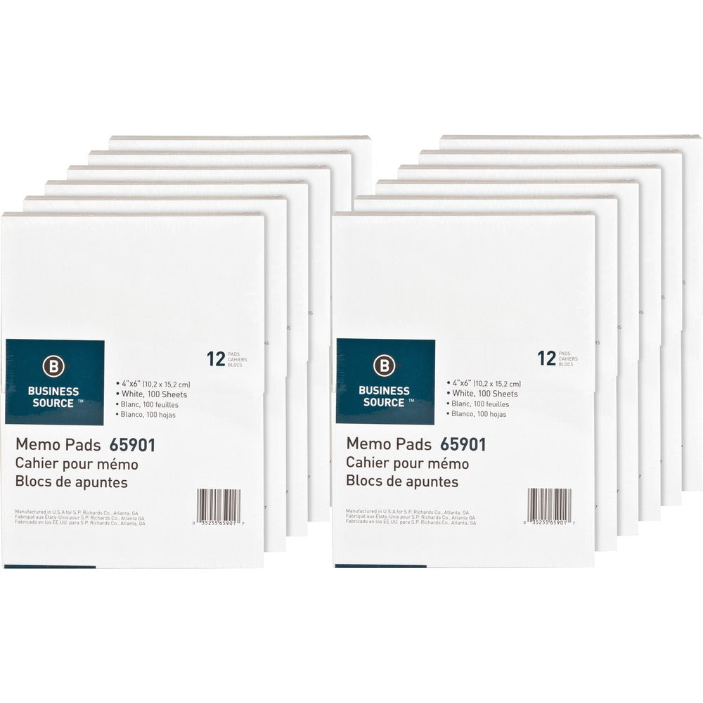 Image of Business Source Memo Pads, Unruled, 15lb., 4"x6", 100 Sheets,1 DZ,12DZ/CT,WE