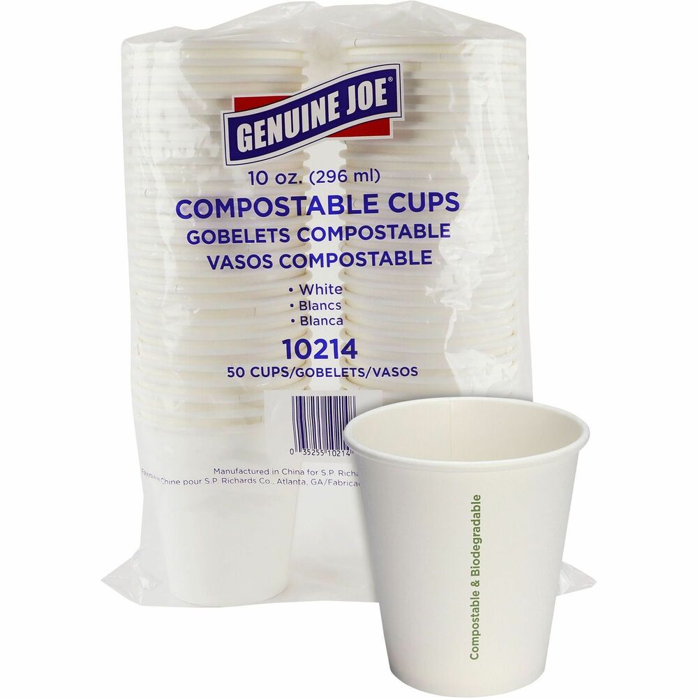 Image of Genuine Joe Cups, f/Hot Drinks, Compostable, 10 oz, 50/PK, White