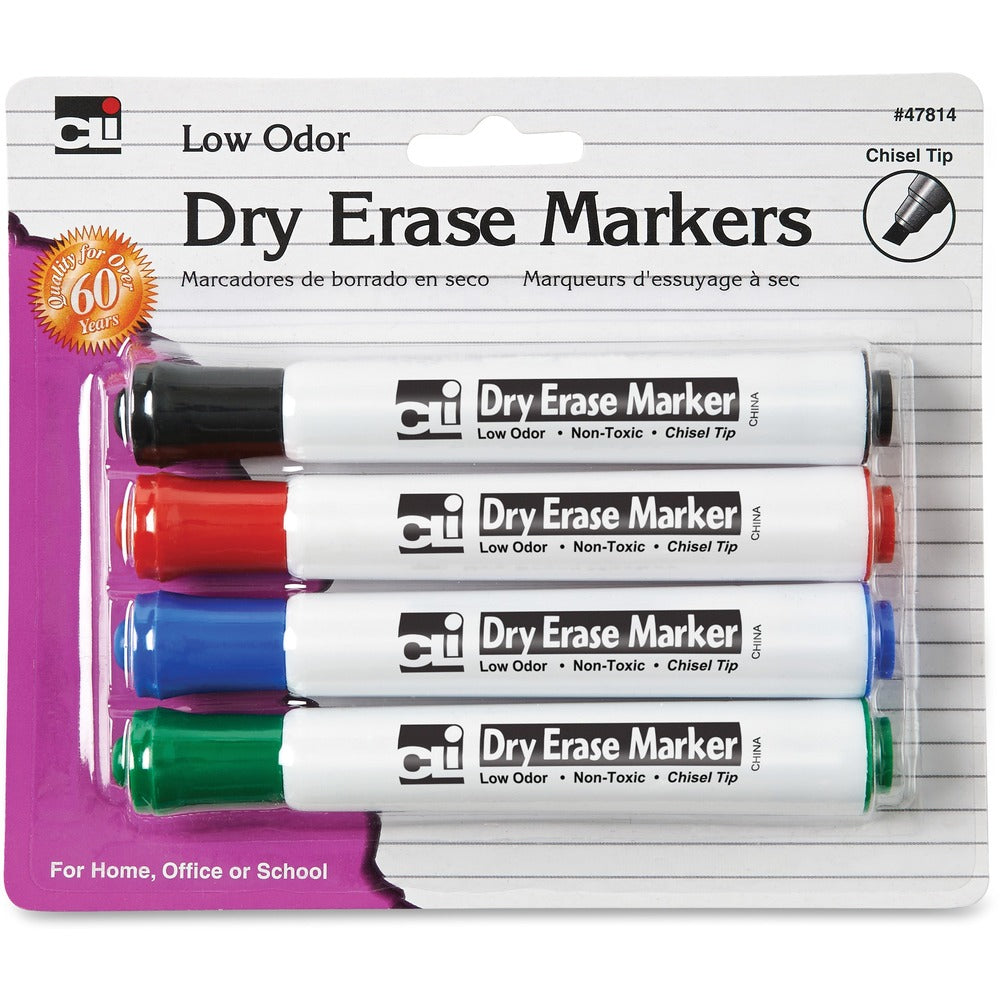 Image of Charles Leonard, Inc Markers, f/Dry-Erase Boards, Chisel Tip, 4/PK, AST