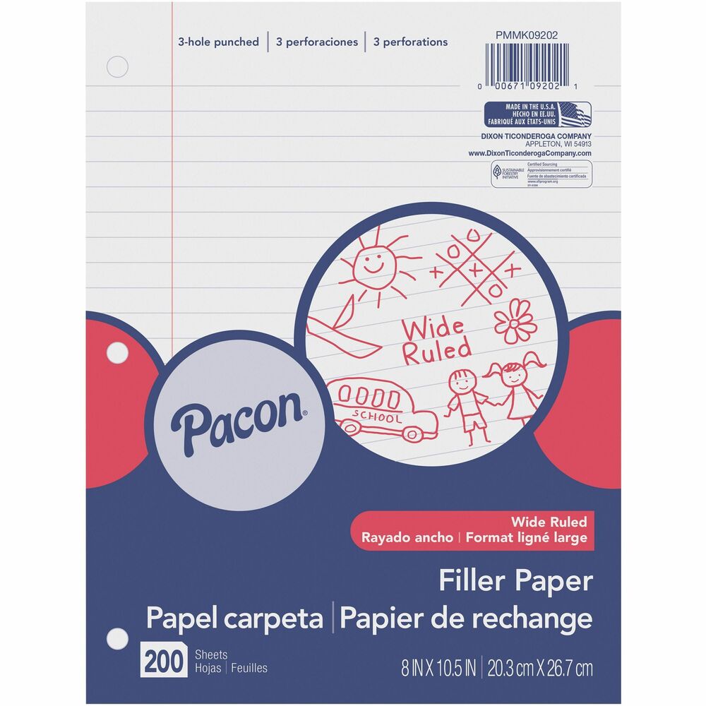 Image of Pacon Filler Paper, 8"x10-1/2", 3/8" Rld, 200 Shts/PK, White