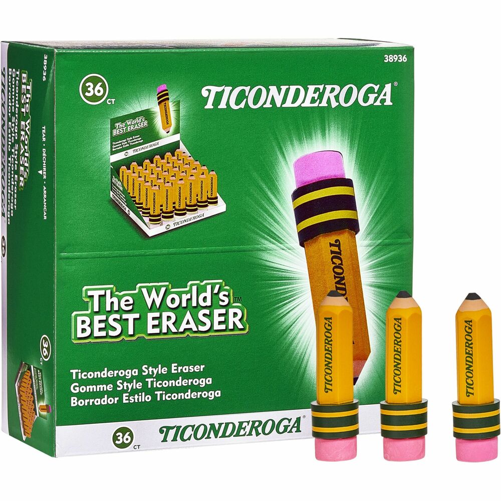 Image of Dixon Ticonderoga Company Eraser, Pencil-Shaped, 36/BX, Yellow Barrel/Pink Top