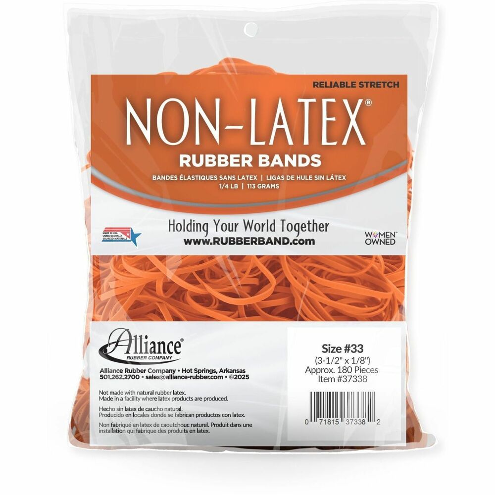 Image of Alliance Rubber Company Rubber Bands, Latex-free,3-1/2"x1/8",No.33,Orange, 1/4 lb.