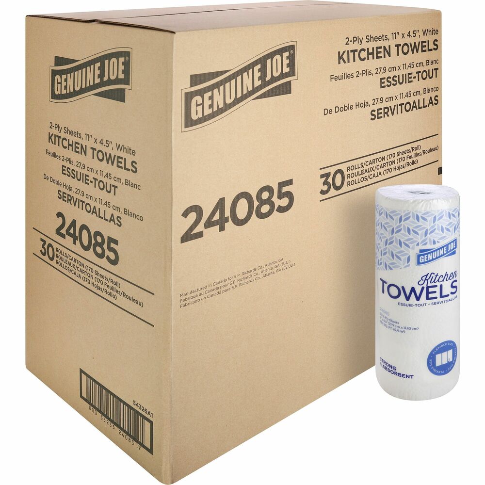Image of Genuine Joe Towel Roll,Paper,2-Ply,9"x4.5",170Shts,30/CT,White