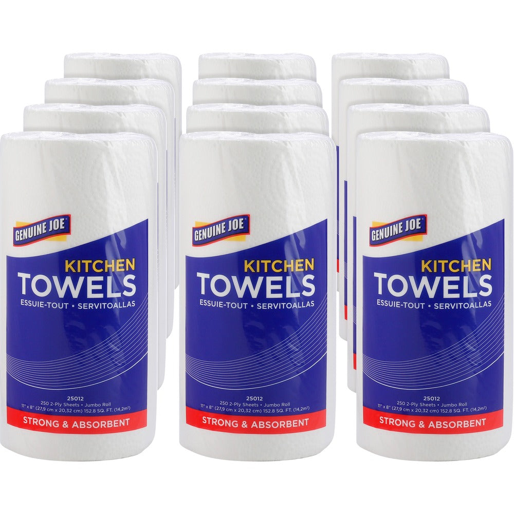 Image of Genuine Joe Towel Roll,Paper,2-Ply,250Shts/RL,8"x11", 12RL/CT, White
