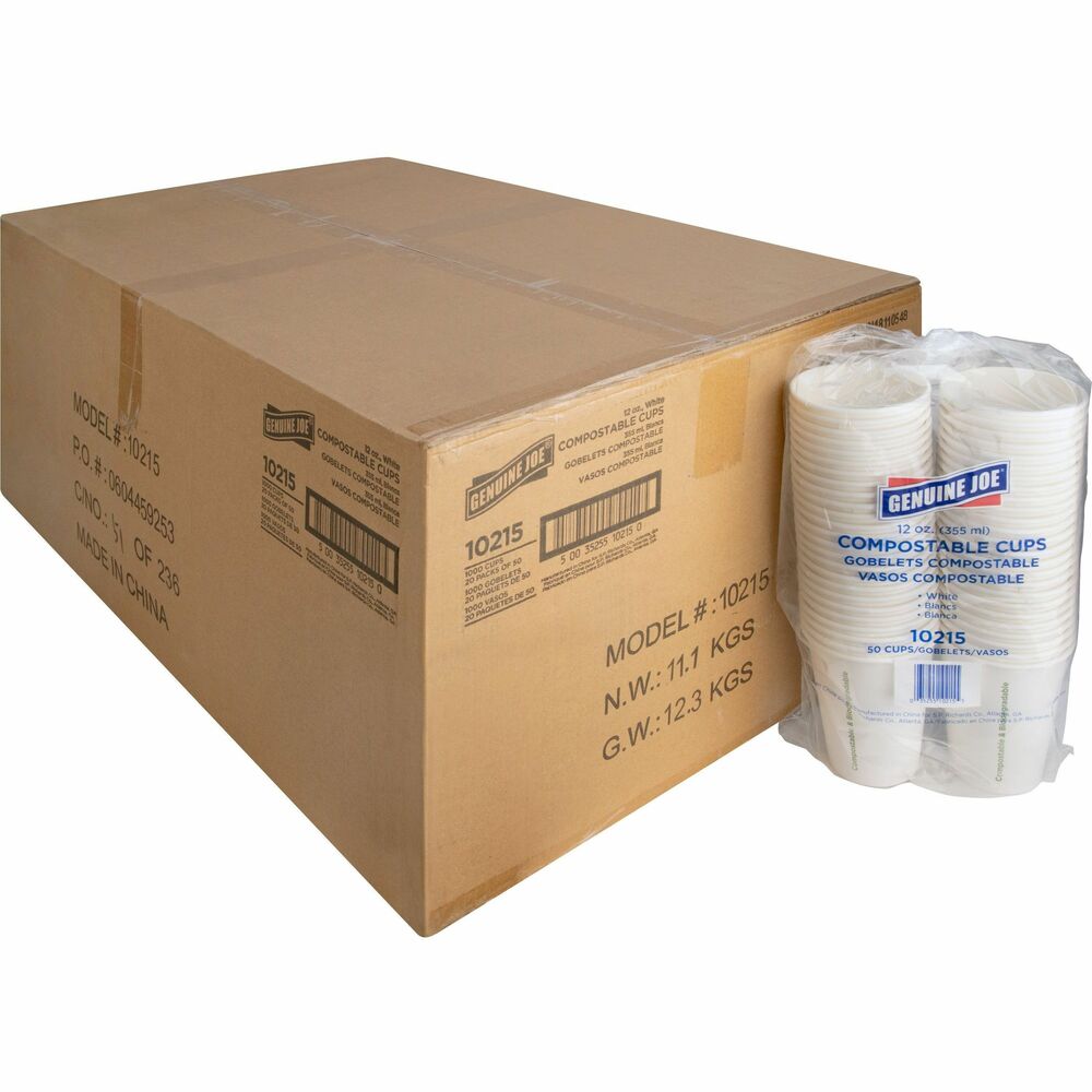 Image of Genuine Joe Cups, f/Hot Drinks, Compostable, 12oz, 50/PK, 20PK/CT, WE