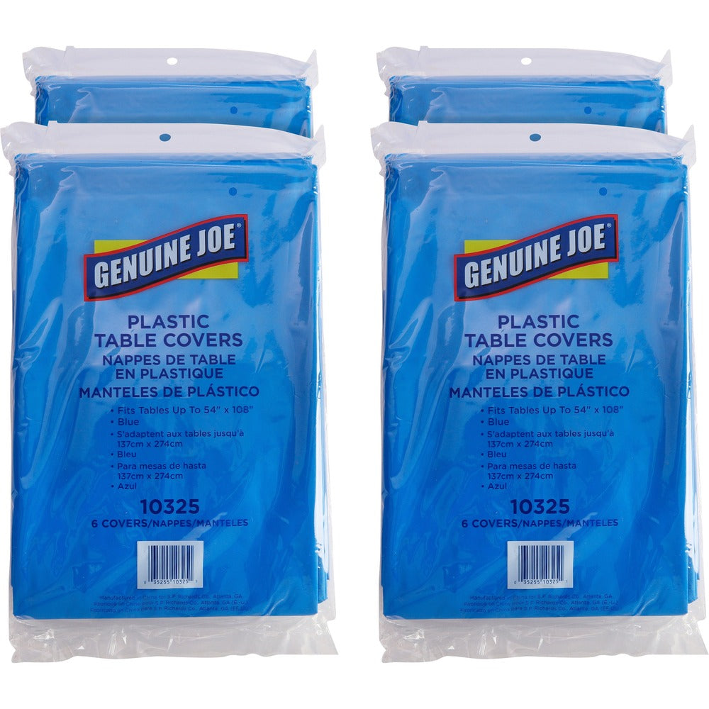 Image of Genuine Joe Table Covers, Plastic, 54"x108", 6/PK,4PK/CT, Blue