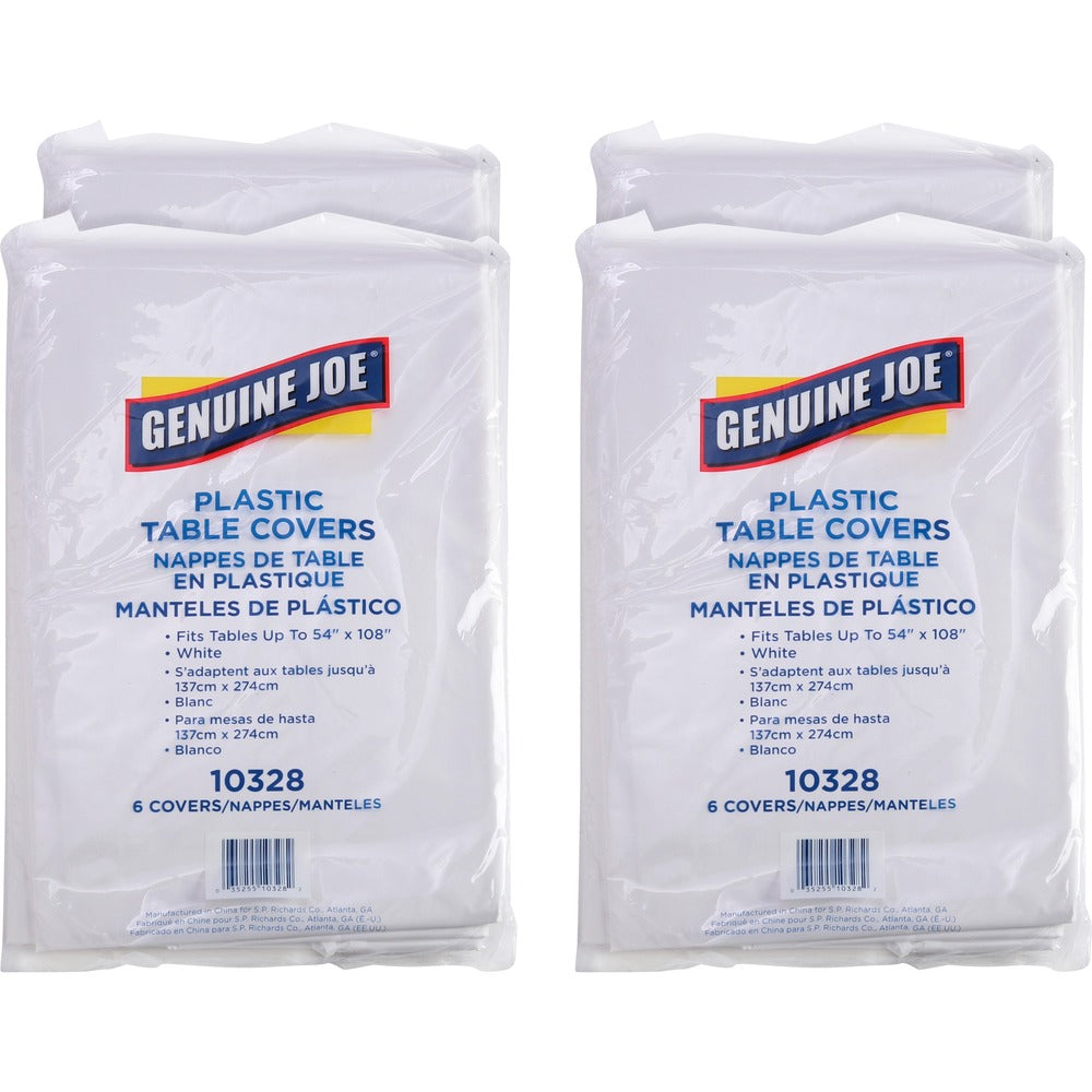 Image of Genuine Joe Table Covers, Plastic, 54"x108", 6/PK,4PK/CT, White