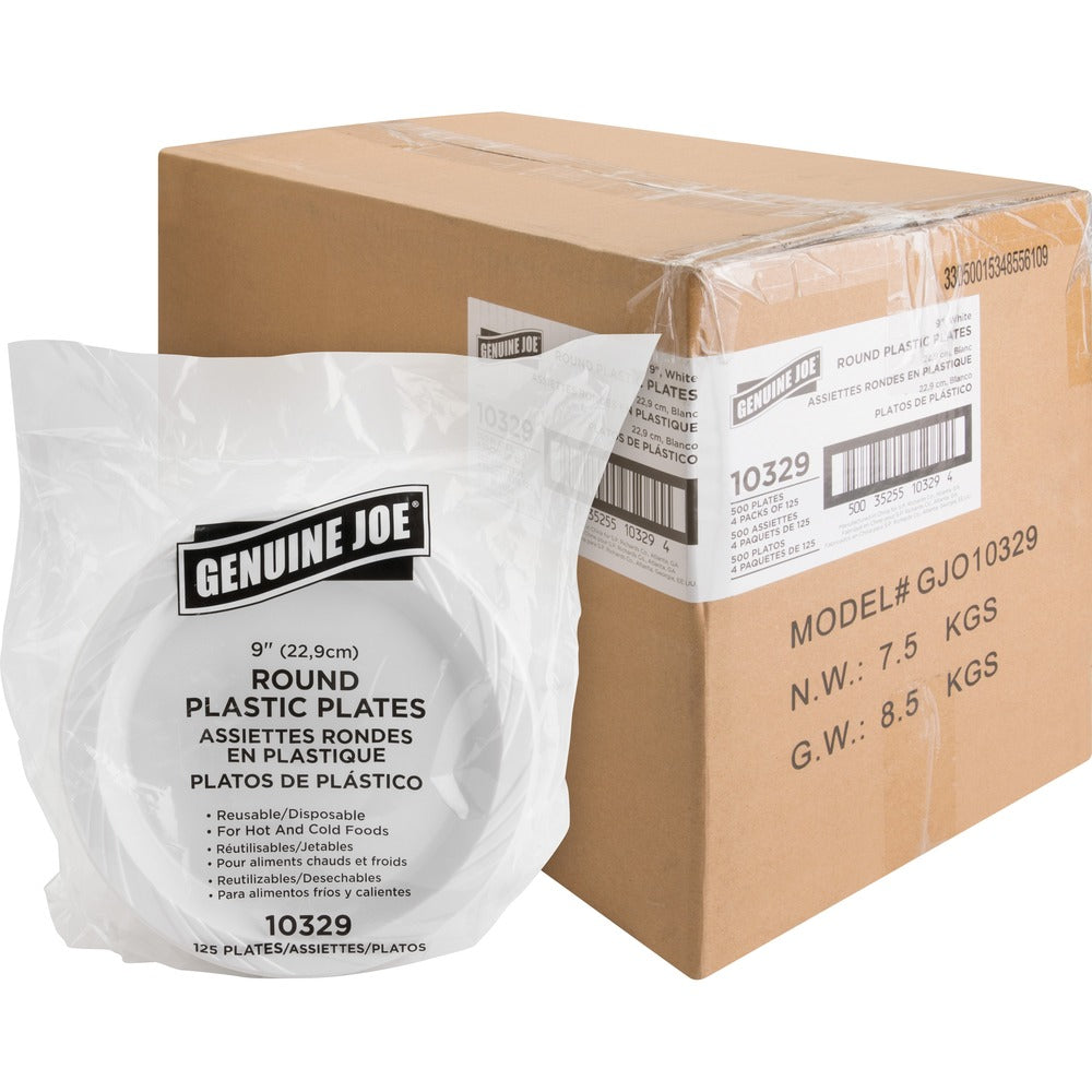 Image of Genuine Joe Plates, Round, Plastic, Reusable, 9", 125/PK, 4PK/CT, WE