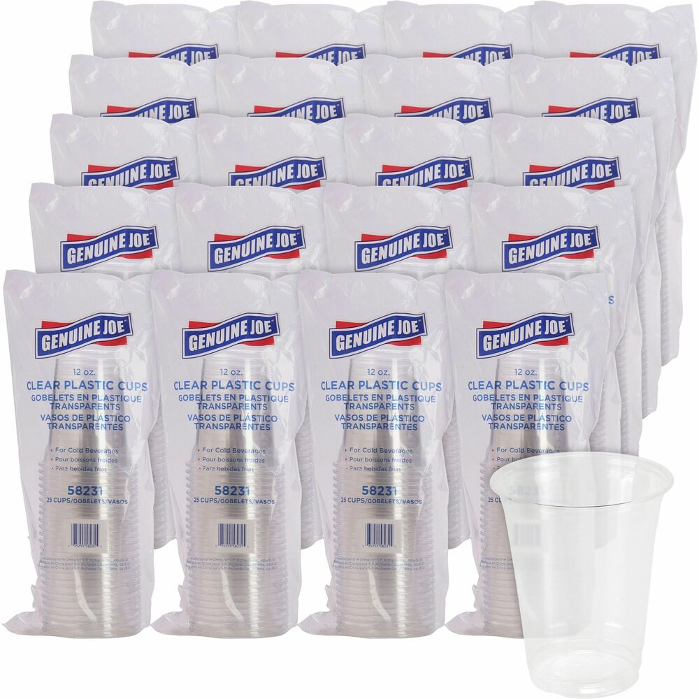 Image of Genuine Joe Plastic Cups, 12oz, 25/PK, 20PK/CT, Clear
