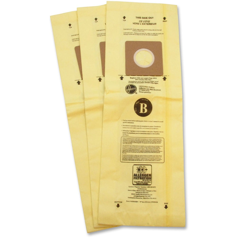 Image of Hoover Filter Bags, Allergen, Type B, f/Hoover TaskVac, 3/PK, White
