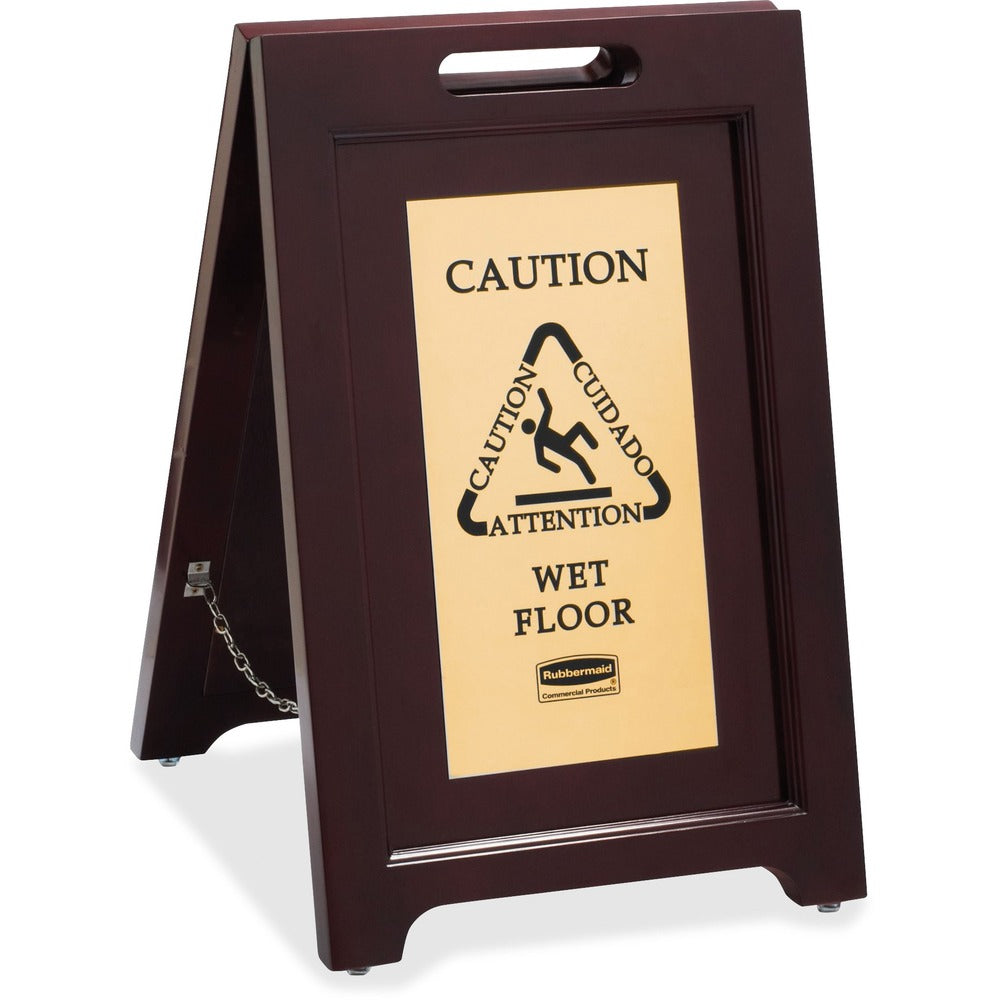 Image of Rubbermaid Commercial Products Wooden Caution Floor Sign, 2-Sided, Gold