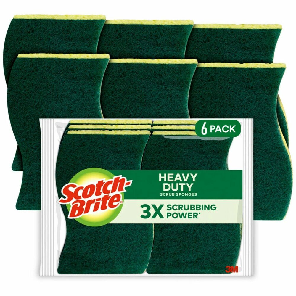 Image of 3M Scrub Sponges, Hvy-Duty, 4-1/2"x2-3/4", 6/PK,6PK/CT, YW/GN