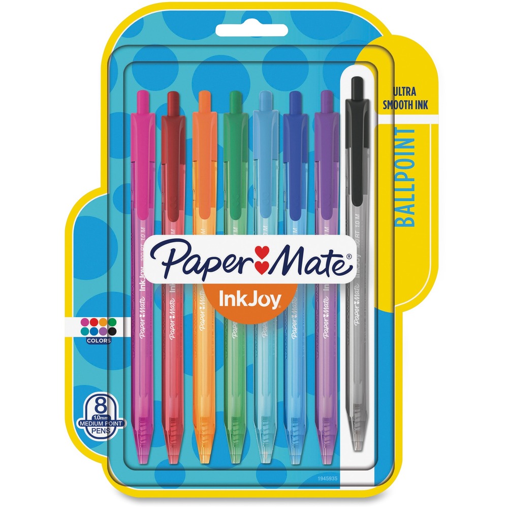 Image of Paper Mate Ballpoint Pens, Retractable, Med Pt, 100RT, 8/PK, Ast
