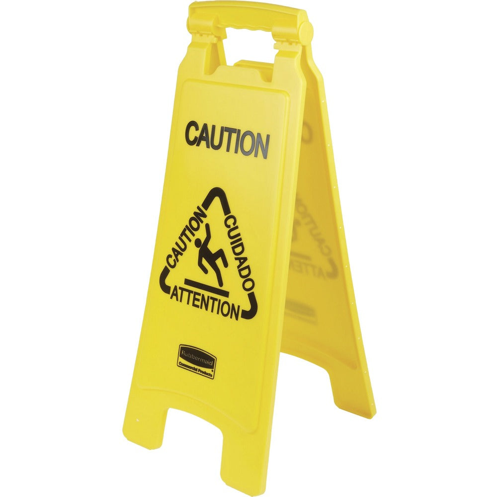 Image of Rubbermaid Commercial Products Wet Floor Sign, 'Caution", Multilingual, 11"x25", 6/CT, YW