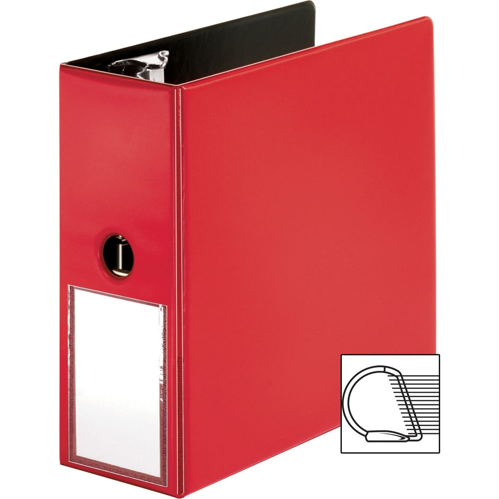 Image of Business Source Binder w/Label Holder, Slanted D-Ring, 5" Cap, Red
