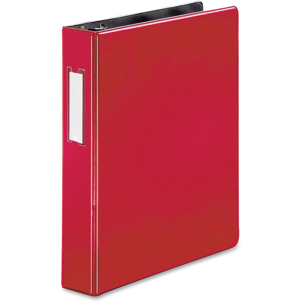 Image of Business Source Binder w/Label Holder, Slanted D-Ring, 1-1/2" Cap, Red