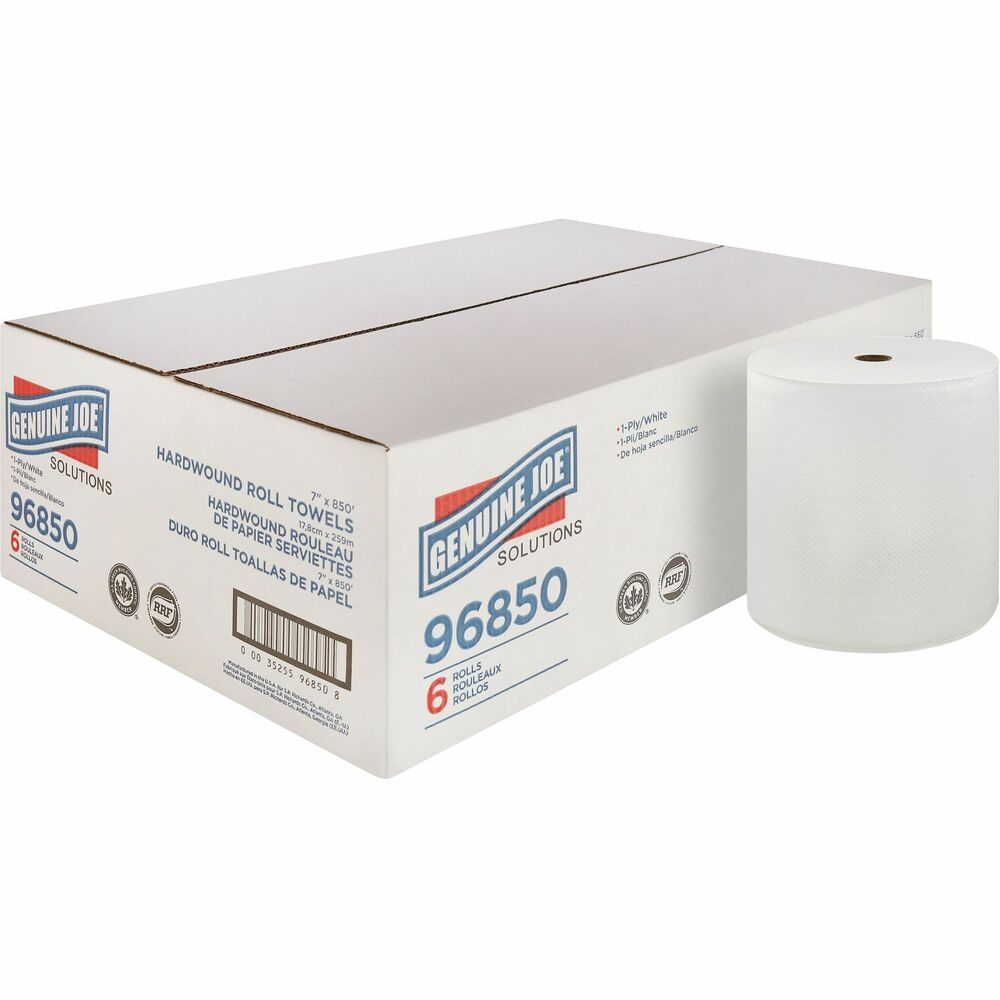 Image of Genuine Joe Hard Wound Roll Towel, 1-Ply, 7"x850', 6RL/CT, White