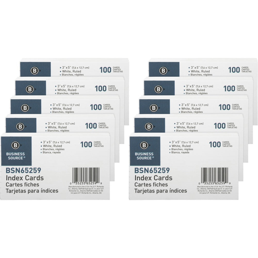 Image of Business Source Index Cards, Ruled, 72 lb., 3"x5", 100/PK, 10PK/BX, White