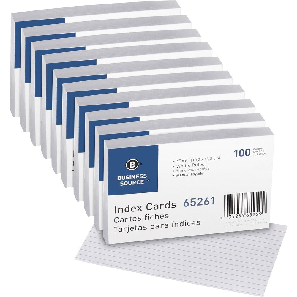 Image of Business Source Index Cards, Ruled, 72 lb., 4"x6", 100/PK, 10PK/BX, White