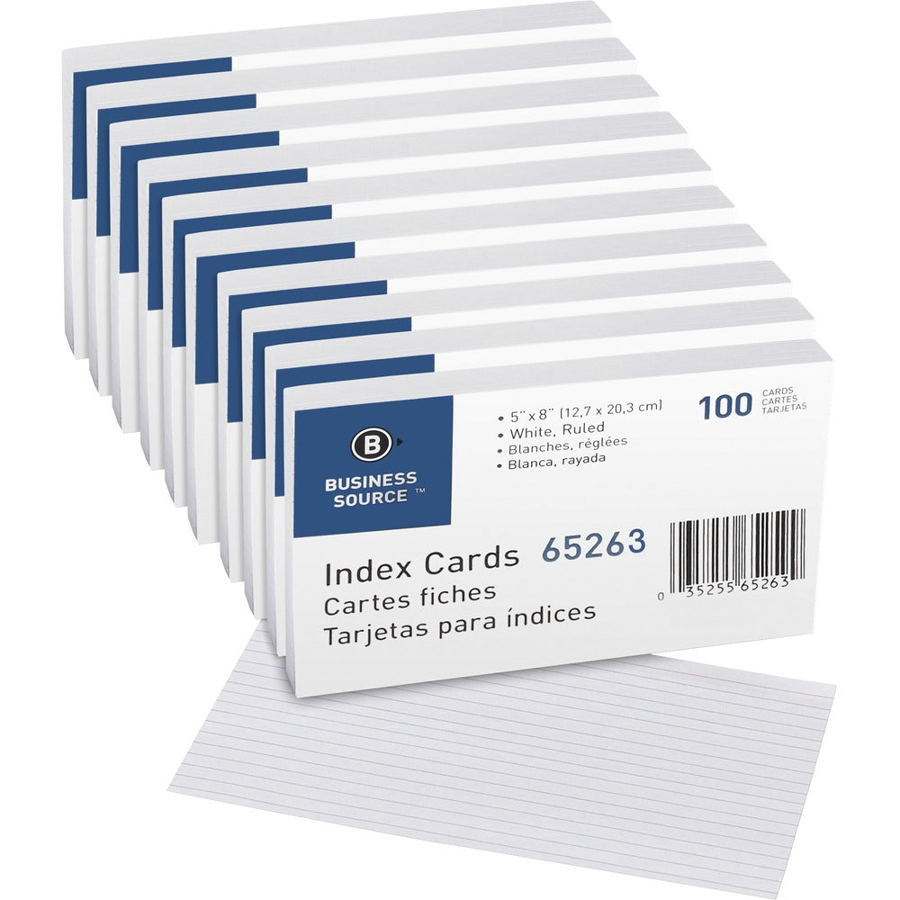 Image of Business Source Index Cards, Ruled, 72 lb., 5"x8", 100/PK, 5/BX, White