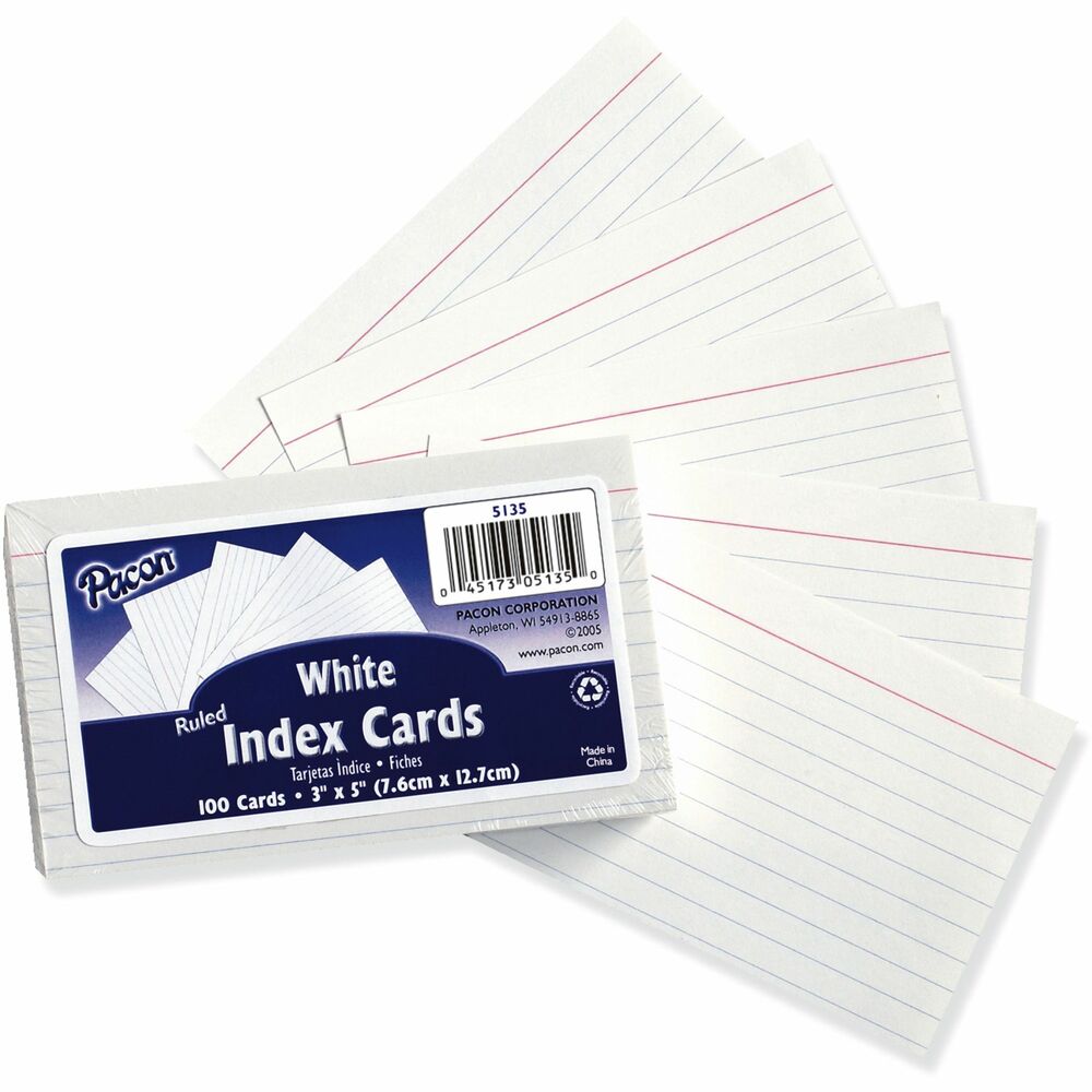Image of Pacon Index Cards, Ruled, 3"x5", 100/PK, White