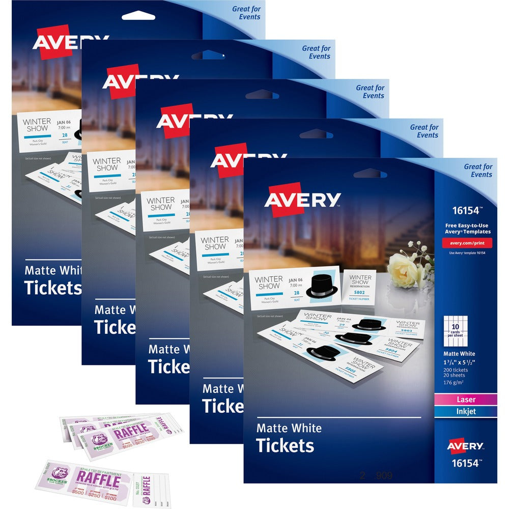 Image of Avery Tickets,w/TearStub,Laser/Inkjet,1-3/4"x5-1/2",200/PK,5/CT,WE