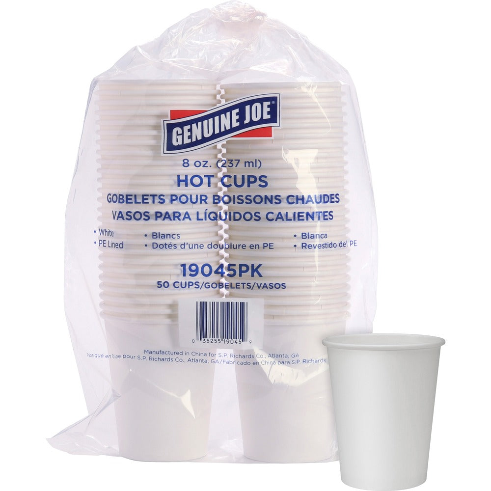 Image of Genuine Joe Hot Cups, Single Poly-Lined Wall, 8oz, 50/PK, 5PK/BD, White
