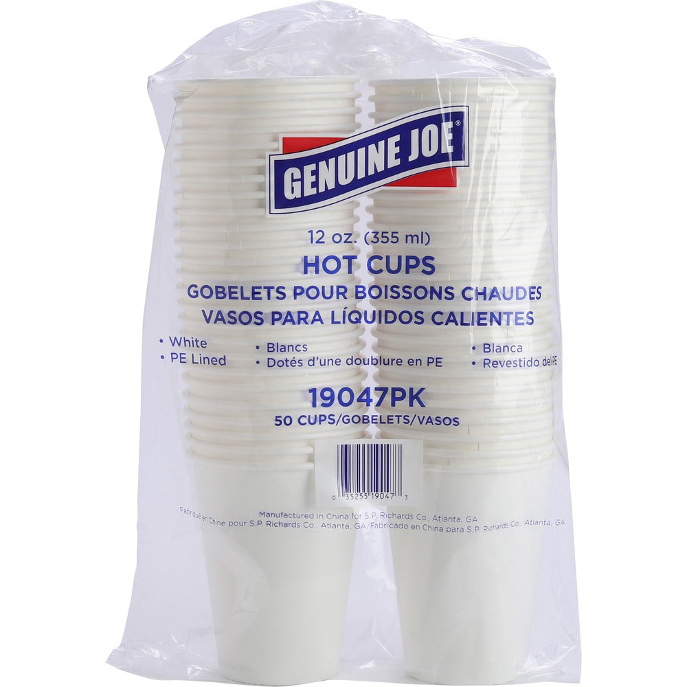 Image of Genuine Joe Hot Cups, Single Poly-Lined Wall, 12oz, 50/PK, 5PK/BD, White