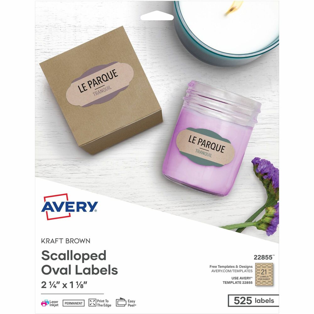 Image of Avery Labels, Oval Scallop, 21UP, 2-1/4"x1-1/8", 525/PK, Brown