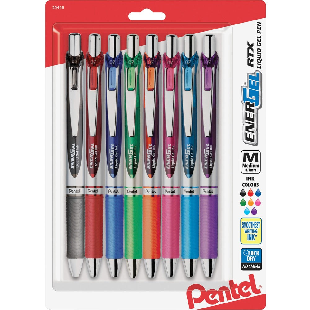 Image of Pentel Gel Pen,Retractable,Metal Tip,.7mm,8/PK,AST Barrel/Ink