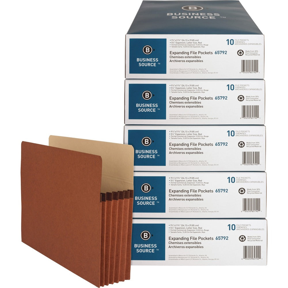Image of Business Source File Pockets, 5-1/4" Exp., Letter, 50/CT, Redrope