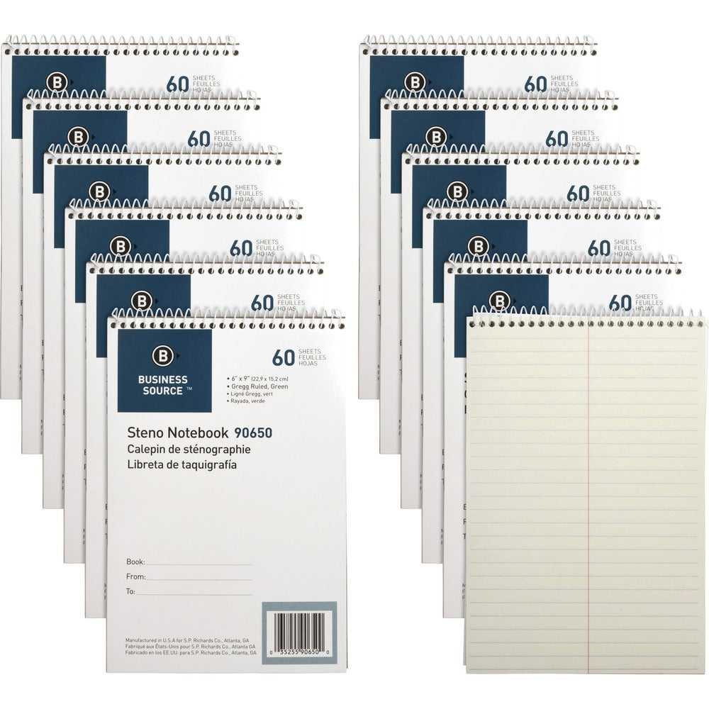 Image of Business Source Steno Notebooks, Gregg Ruled, 60 Sheets, 6"x9", 12/PK, Green