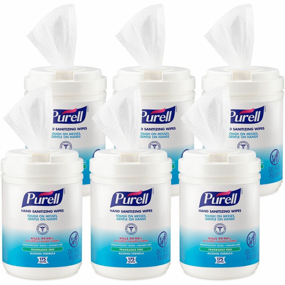 Image of Gojo Hand Sanitizing Wipes, 6"x7", 175 Wipes/Canister, 6/CT,White